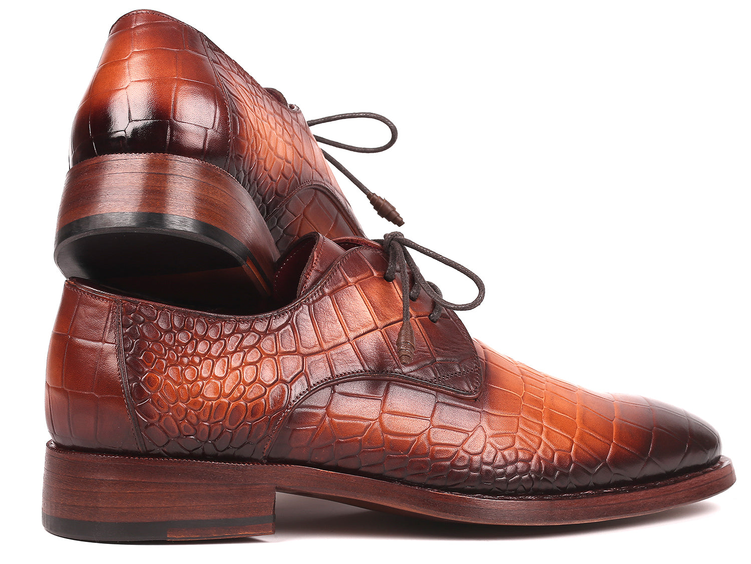 Paul Parkman Brown Crocodile Embossed Calfskin Goodyear Welted Derby shoes showcasing luxurious hand-painted finish and elegant design.